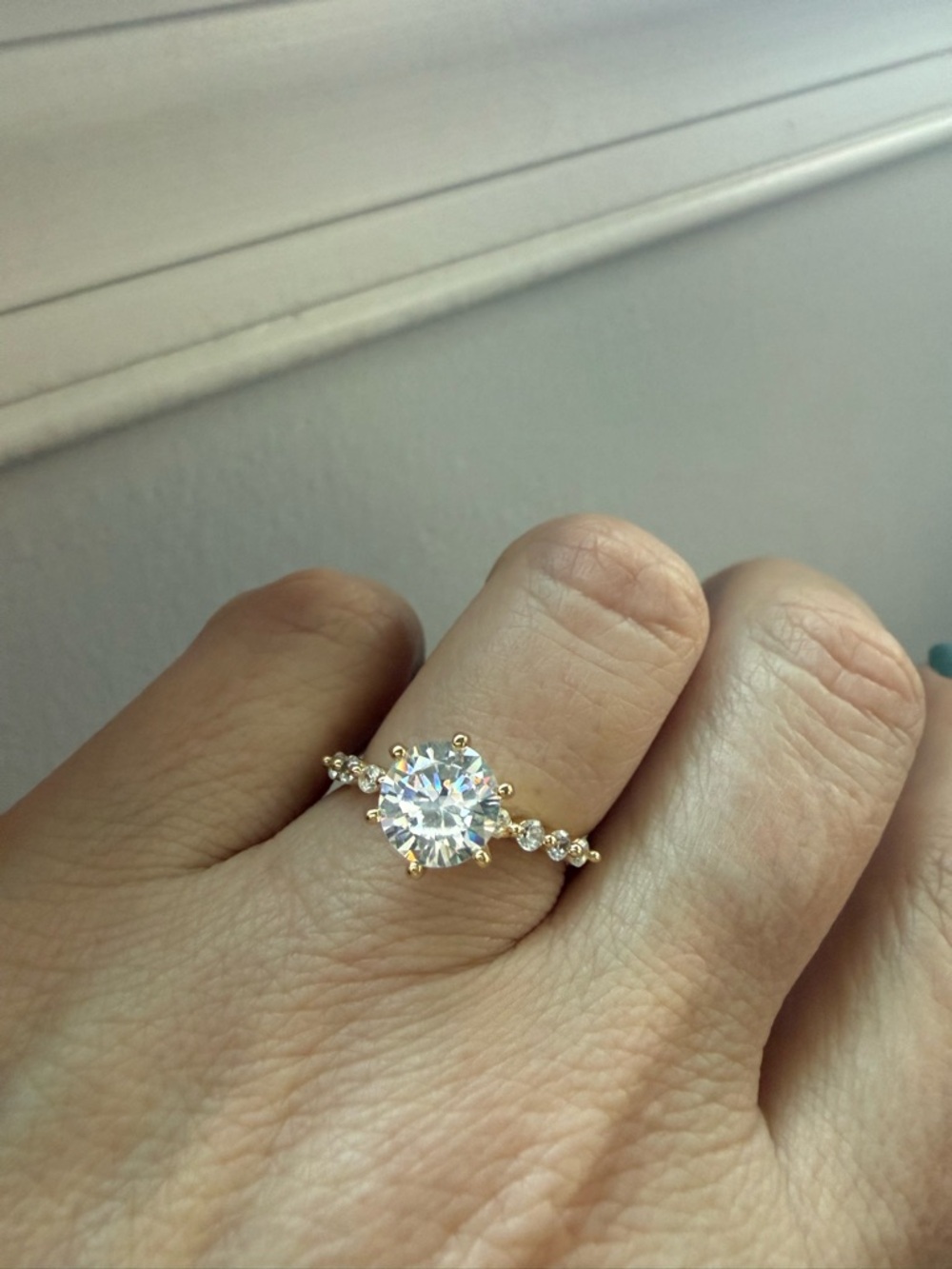 NEW! 18k Gold Plated Round-Cut Solitaire Engagement Ring with Accent Diamonds - Picture 13 of 14